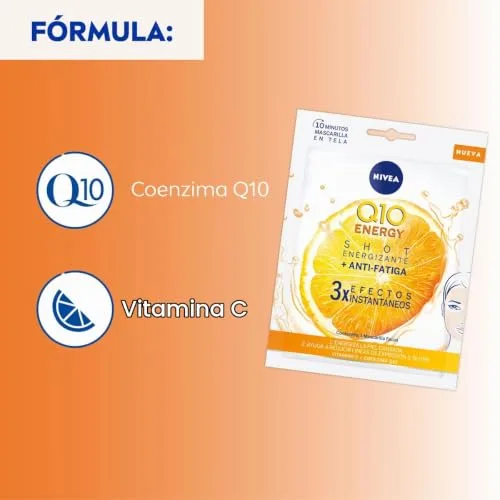 NIVEA ▫️ Q10 Energy Máscara de Tecido com Vitamina C (1 unidade) - Máscara Antirrugas, 3 Efeitos Instantâneos, Coenzima Q10, Vitaminas - Pele Seca, Mista, Normal - 1 Unidade 4