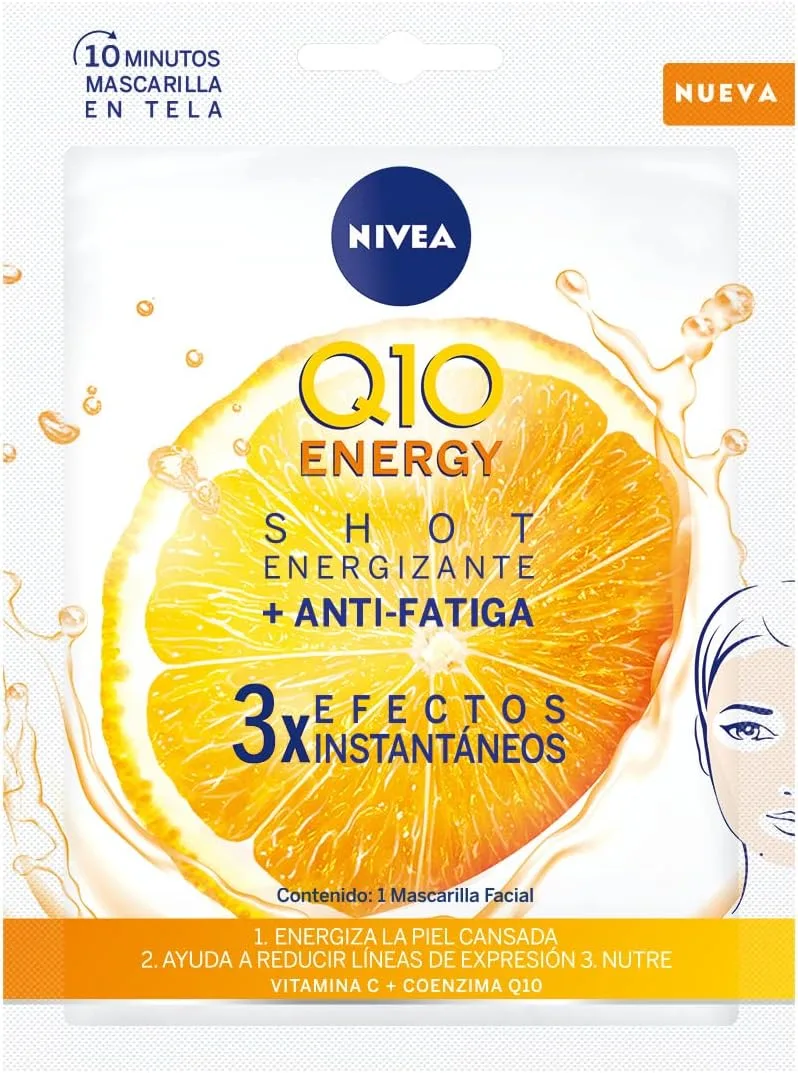 NIVEA ▫️ Q10 Energy Máscara de Tecido com Vitamina C (1 unidade) - Máscara Antirrugas, 3 Efeitos Instantâneos, Coenzima Q10, Vitaminas - Pele Seca, Mista, Normal - 1 Unidade