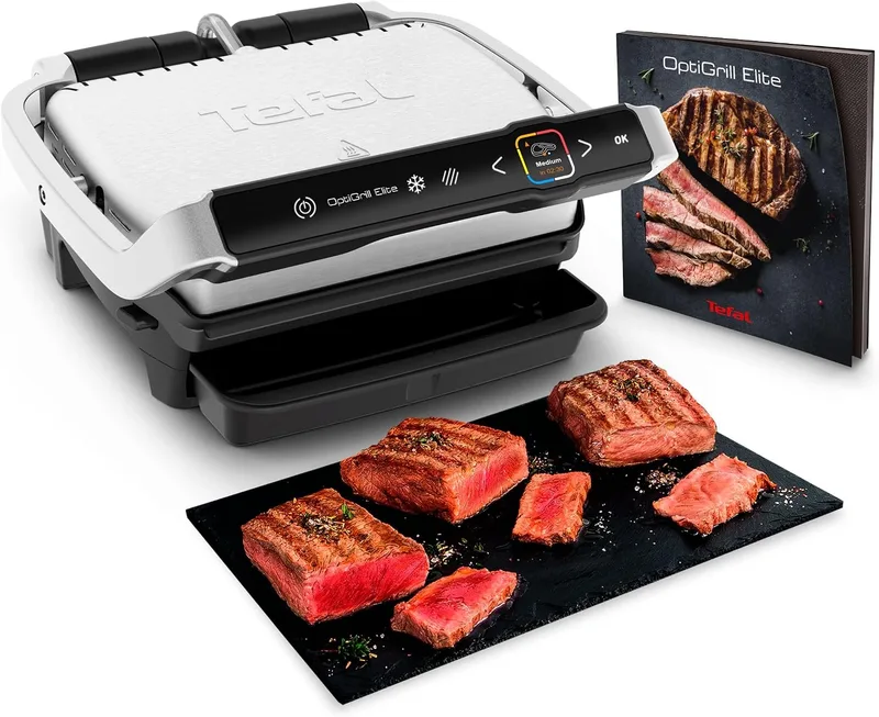 Tefal ▫️ Optigrill Elite GC750D: grelhador elétrico para uso interior e exterior, com sensor e 12 programas automáticos, selagem rápida, lavável na máquina de lavar louça, antiaderente, função sanduíche