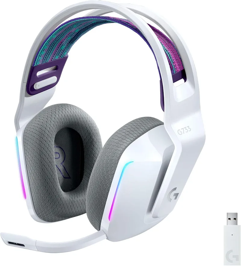 Logitech G ▫️ Auscultadores sem fios Logitech G733 Lightspeed com microfone | Para jogos, com arnês suspenso, LIGHTSYNC RGB, tecnologia de microfone Blue VO!CE, leves, 29 horas de autonomia - Branco