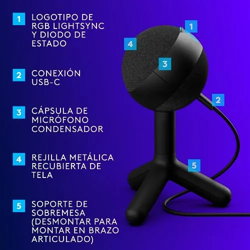 Logitech G ▫️ Yeti Orb, microfone condensador RGB com LIGHTSYNC para jogos 5