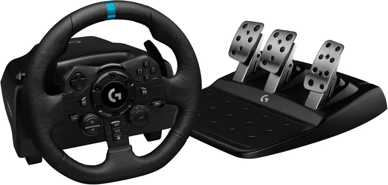 Logitech G ▫️ G923 Racing Wheel and Pedals, Force Feedback TRUEFORCE,1,000 Hz, Resposta eficiente, Controlo de saída de embraiagem dupla, Volante genuíno, para PS5, PS4, PC, Mac - Preto