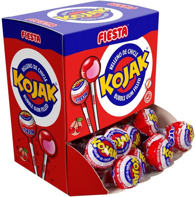FIESTA ▫️ Kojak - Rebuçado com palito, sabor a cereja, recheado com pastilha elástica - Caixa de 20 unidades