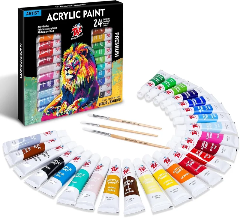TBC The Best Crafts ▫️ Tintas Acrílicas 24 Tubos de 9,5 ml, Kit de Tintas Acrílicas para Artesanato, Papel de Tela, Vidro, Madeira, Modelagem, para Artistas Profissionais e Crianças por