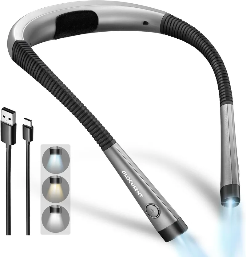 Glocusent ▫️ Luz de Leitura, Lâmpada Recarregável para Leitura, 3 Cores, 6 Níveis de Iluminação, Braços Flexíveis, Longa Duração, Ideal para Ler, Tricotar, Acampar, Fazer Reparações