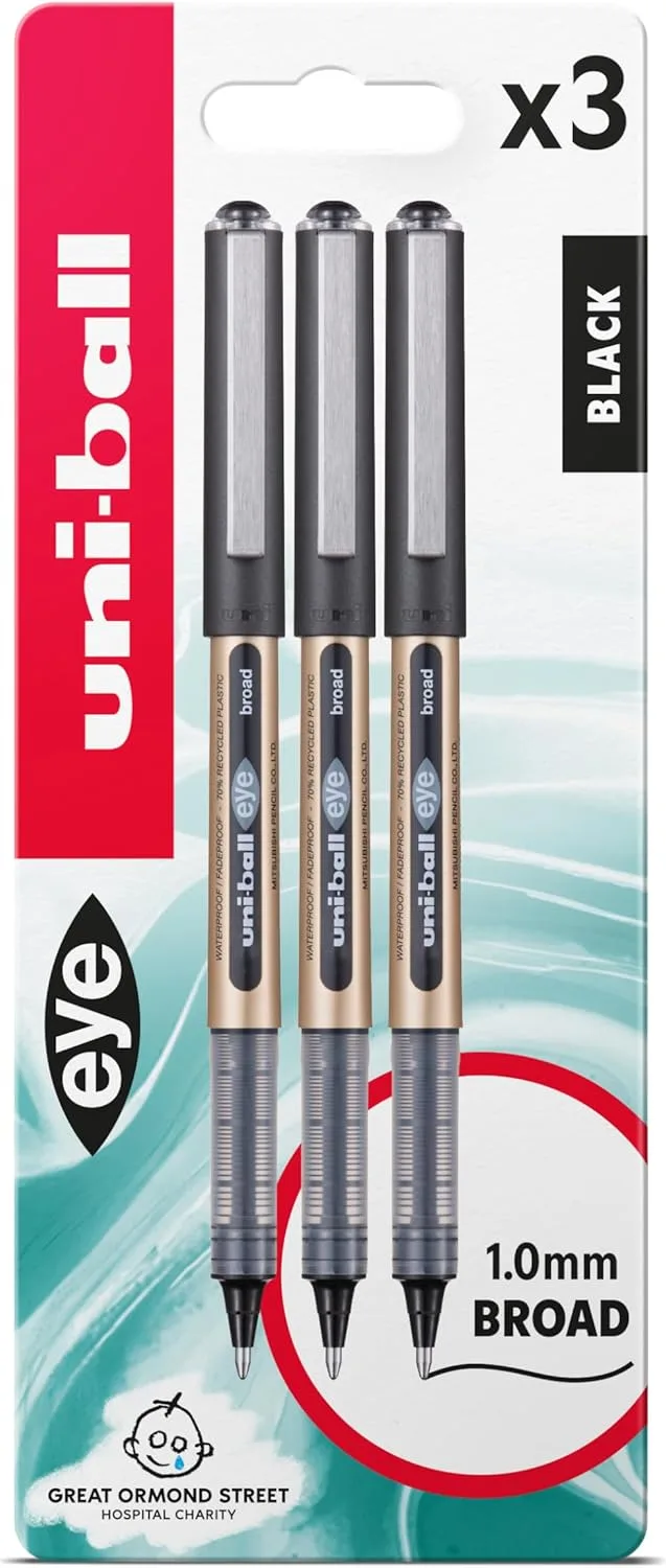 Uni-Ball ▫️ UB-150-10 Eye Broad Rollerball - Conjunto de 3 embalagens de plástico em blister preto