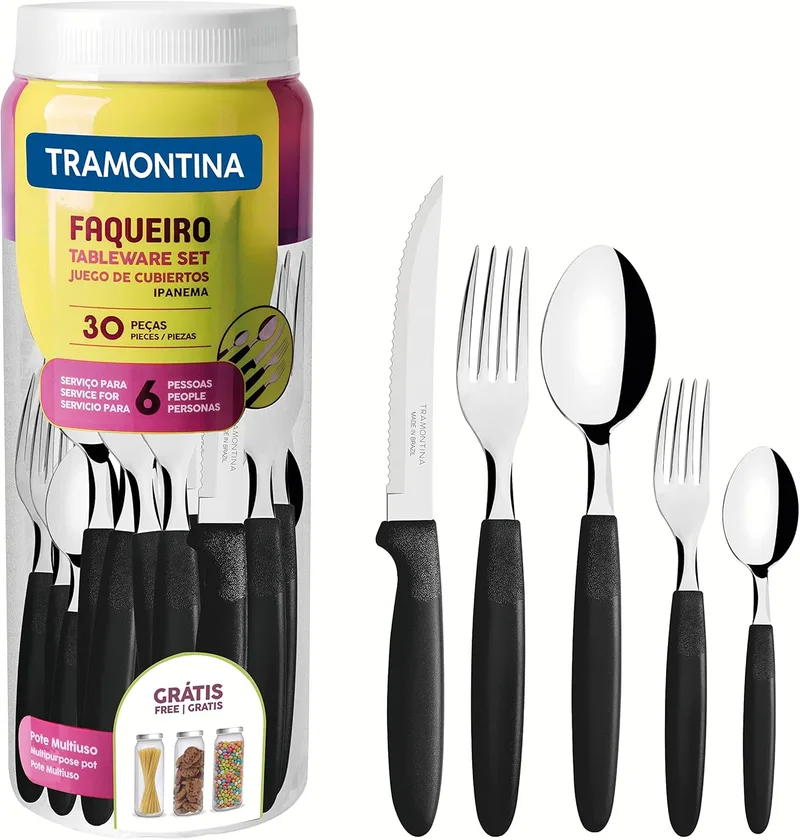 Tramontina ▫️ Conjunto de talheres em aço inoxidável Ipanema, cor preta, 30 peças