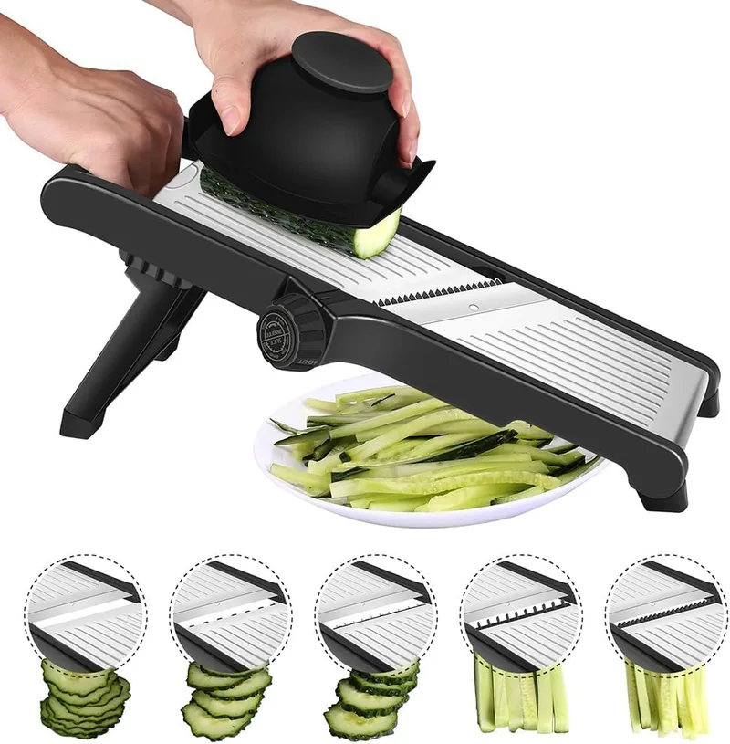 MILcea ▫️ Mandolina Profissional para Cozinha - Cortador de Legumes com Luvas de Proteção, Ajustável em Aço Inoxidável, para Fatias Grossas de 1 a 9 mm, Cortador Manual de Legumes