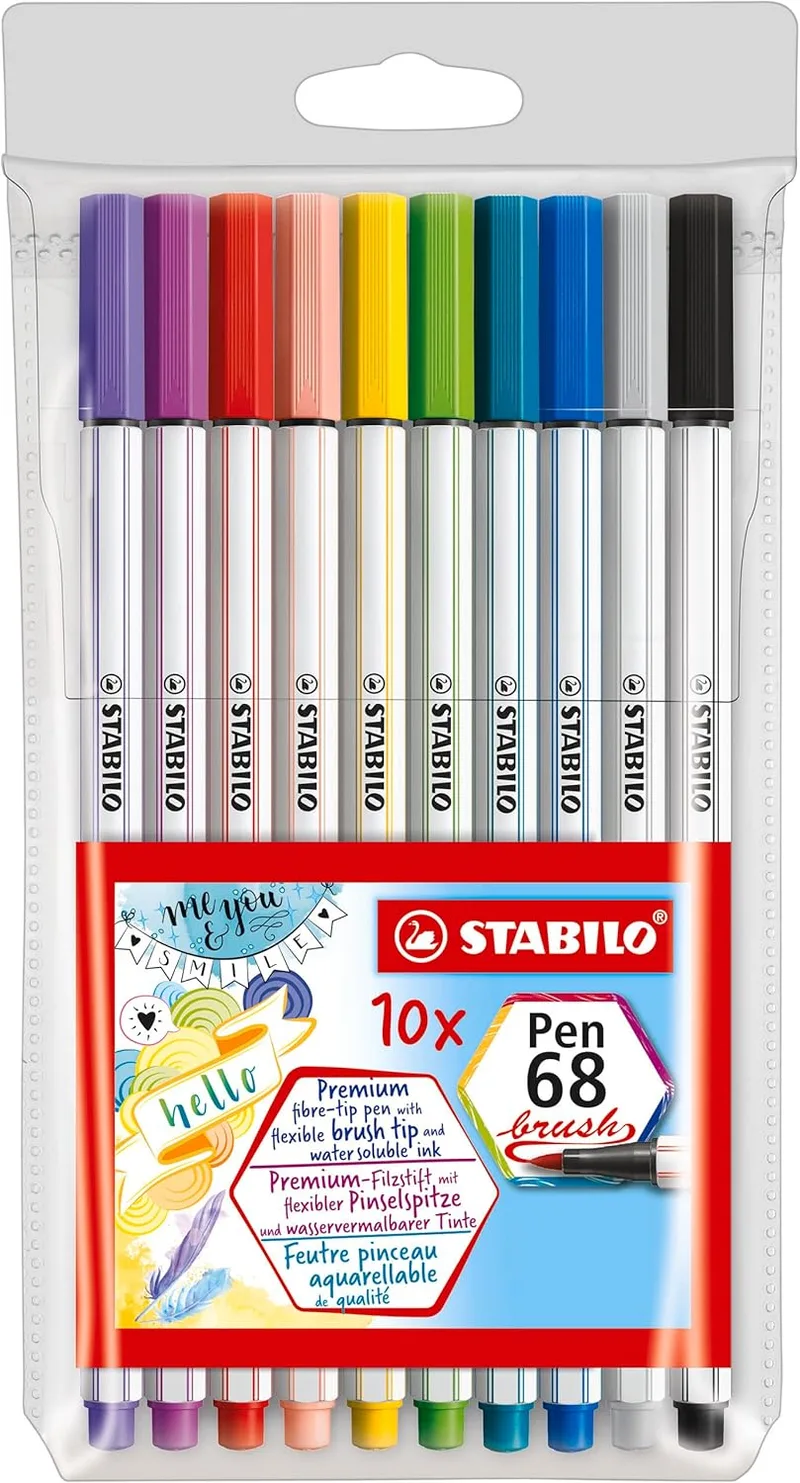 STABILO ▫️ Marcador Premium com ponta de pincel para uma espessura de traço variável - Caneta 68 pincel - Caixa de 10 - 10 cores diferentes