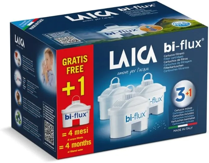 Laica ▫️ Filtros de água bi-flux (4 unidades) - Preservam os sais minerais essenciais, reduzem o calcário, o cloro e os metais pesados - Compatíveis com os jarros e BRITA - 150L/Filtro - Itália