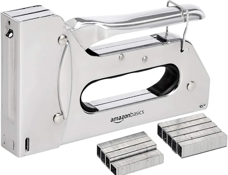 Amazon Basics ▫️ Grampeador industrial 3 em 1, com 1000 grampos, para estofos, reparações domésticas, carpintaria e outros projetos profissionais, prateado