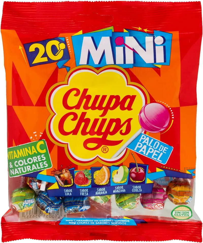 Chupa Chups ▫️ Mini, rebuçados com pau em vários sabores, 20 x 6 g