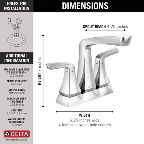 DELTA ▫️ Faucet Vesna 25789LF - Torneira de casa de banho de duas alavancas com conjunto de drenagem e fecho de drenagem sem preocupações, cromada 3