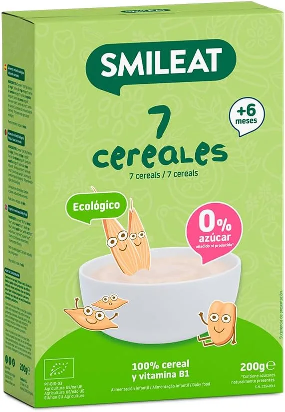 SMILEAT EAT & SMILE ▫️ Smileat - Comida para bebé com 7 cereais biológicos - Sem adição de açúcar - Ingredientes vegetais - Fácil de diluir e preparar