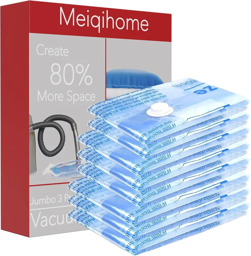 MEIQIHOME ▫️ Conjunto de 8 sacos a vácuo para roupa – 3 jumbo, 3 grandes, 2 médios – Sacos reutilizáveis para viagens e uso doméstico, com compressão e poupança de espaço
