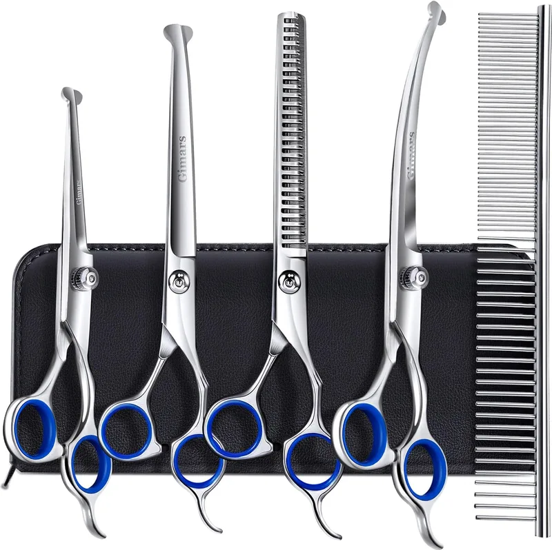 Gimars ▫️ 4CR 6 in 1 Dog Grooming Scissors Tesoura de aço inoxidável para cães com ponta redonda de segurança, Dog Grooming com revestimento de titânio resistente para cães, gatos e gatinhos