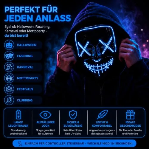 TK Gruppe Timo Klingler ▫️ Máscara LED de Halloween ao estilo «Purge», iluminação regulável e rosto luminoso – Fato para homens e mulheres para o Halloween e o carnaval (várias cores à escolha) 2