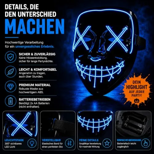TK Gruppe Timo Klingler ▫️ Máscara LED de Halloween ao estilo «Purge», iluminação regulável e rosto luminoso – Fato para homens e mulheres para o Halloween e o carnaval (várias cores à escolha) 3
