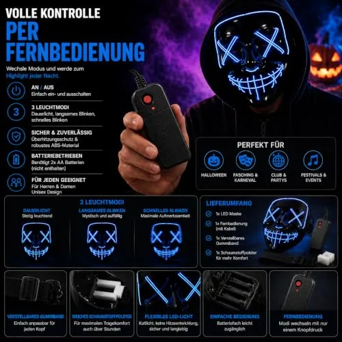 TK Gruppe Timo Klingler ▫️ Máscara LED de Halloween ao estilo «Purge», iluminação regulável e rosto luminoso – Fato para homens e mulheres para o Halloween e o carnaval (várias cores à escolha) 4