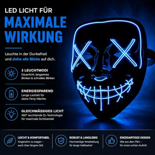 TK Gruppe Timo Klingler ▫️ Máscara LED de Halloween ao estilo «Purge», iluminação regulável e rosto luminoso – Fato para homens e mulheres para o Halloween e o carnaval (várias cores à escolha) 5