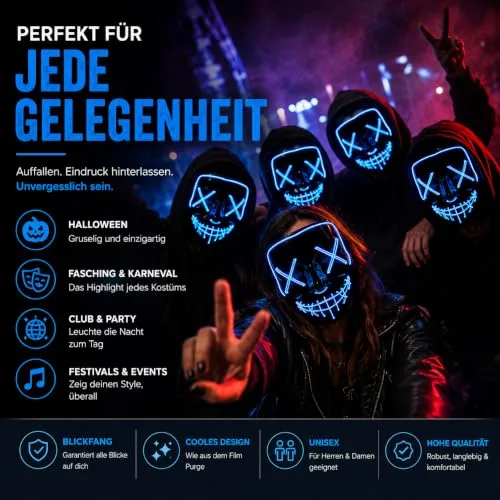 TK Gruppe Timo Klingler ▫️ Máscara LED de Halloween ao estilo «Purge», iluminação regulável e rosto luminoso – Fato para homens e mulheres para o Halloween e o carnaval (várias cores à escolha) 6