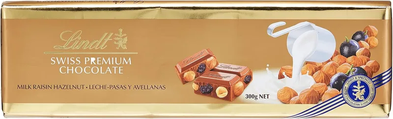 Lindt ▫️ Barra de chocolate de leite com avelãs e passas, 300g