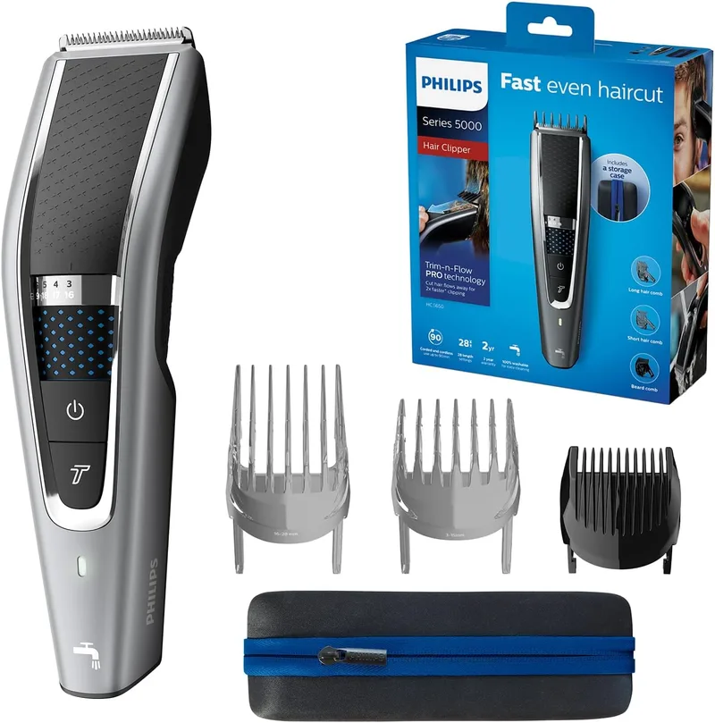 PHILIPS ▫️ Série 5000 HC5650/15 - Máquina de cortar cabelo com lâminas de aço inoxidável, 28 ajustes de comprimento, 90 minutos de autonomia sem fio, inclui 3 pentes-guia e estojo de viagem