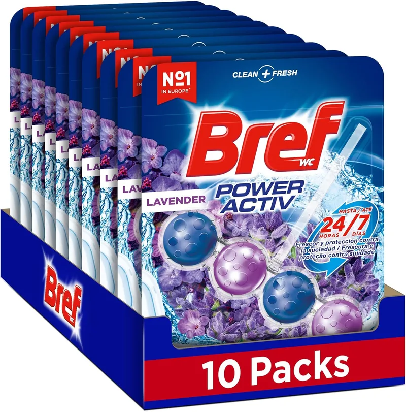 Bref ▫️ Power Activ Lavanda Cesta WC - Produto de limpeza para uma sanita sempre limpa e fresca, com fórmula anticalcário que elimina a sujidade, embalagem de 10 unidades