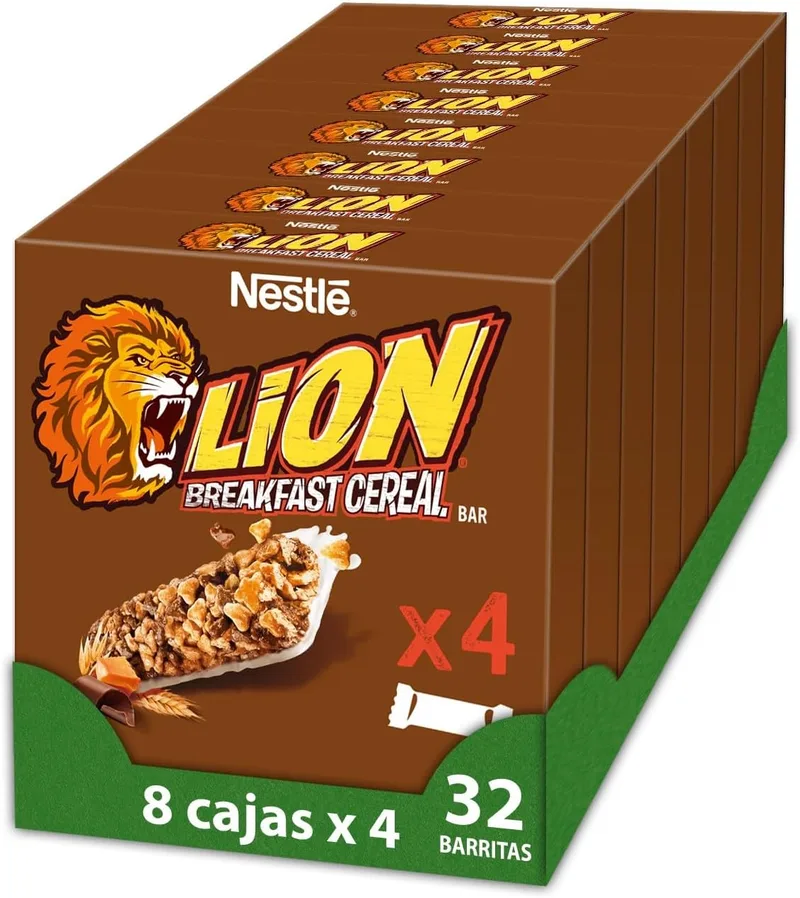 Nestlé ▫️ Barritas Lion com chocolate e caramelo. Embalagem de 32 barritas