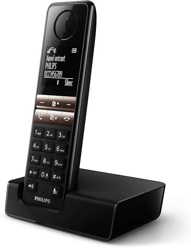 Philips ▫️ Telefone fixo sem fios D4701B/34-2, 16h de tempo de conversação, retroiluminação, som HQ, mãos-livres, identificação de chamadas, lista telefónica com 50 nomes e números - Preto (Compatível: ES, IT, FR)