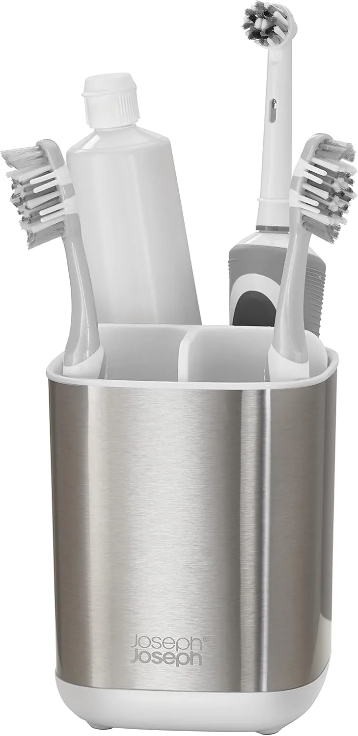 Joseph Joseph ▫️ EasyStore Suporte para escovas de dentes e pasta de dentes, compatível com escovas elétricas e tradicionais, 3 compartimentos, suporte de casa de banho desmontável, tamanho médio, aço inoxidável