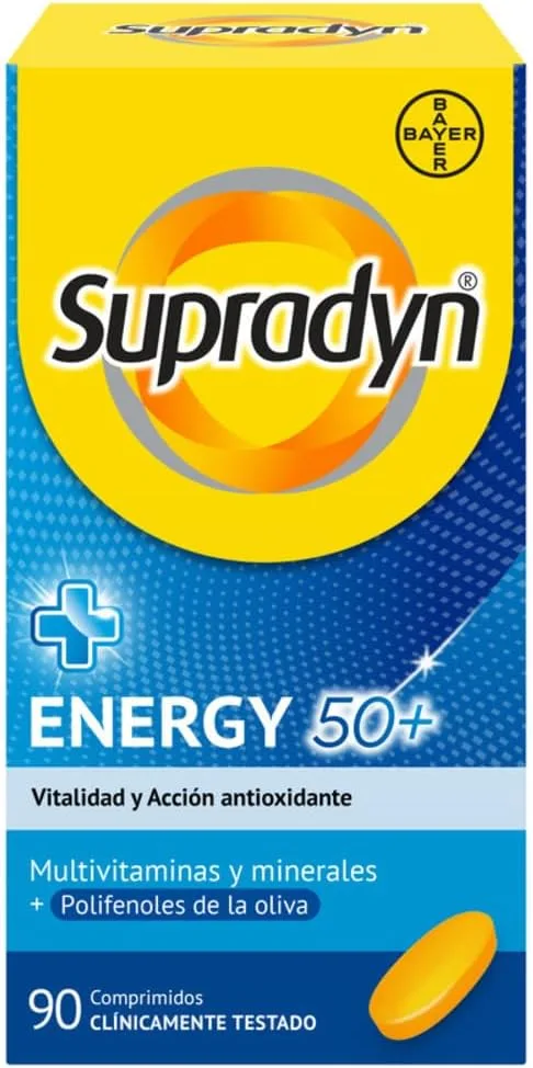 Supradyn ▫️ Energy 50+ Complexo vitamínico com antioxidantes para maiores de 50 anos, 12 vitaminas, 9 minerais e polifenóis, energia com efeito antioxidante, cor de azeitona, amarelo, 90 unidades (embalagem de 1)