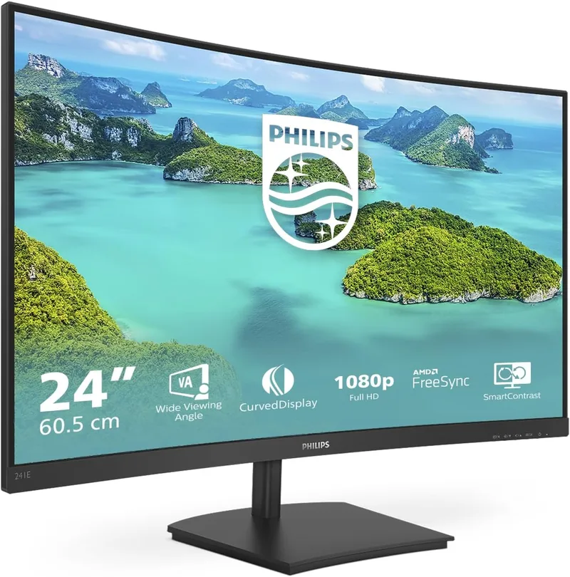 PHILIPS ▫️ Monitores 241E1SCA/00 - 24" curvo 1500R, FHD, 75 Hz, VA, FreeSync (1920x1080, 250 cd/m², D-Sub, HDMI)