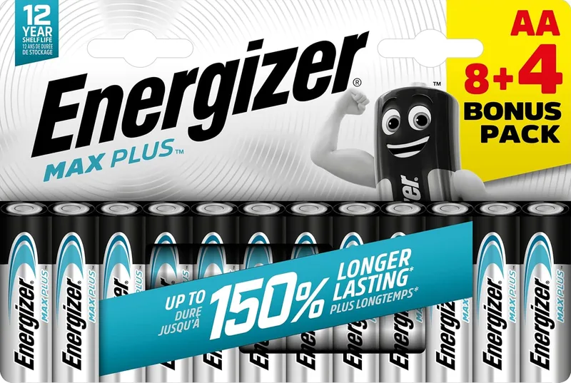 Energizer Max ▫️ Energizer - Max Plus, embalagem de 8+4 pilhas AA 1.5V, mais potência e maior duração para uso diário, sem sulfatação e com uma carga de 12 anos.