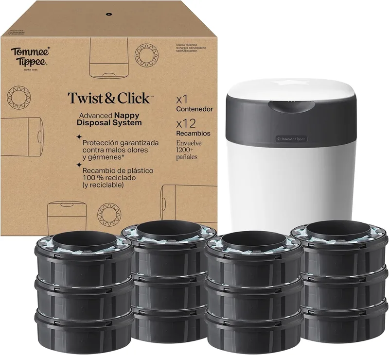 Tommee Tippee ▫️ Caixote para fraldas Twist and Click Avançado, Novo Sistema Ecológico, Inclui 12 recargas com película GREENFILM, Branco