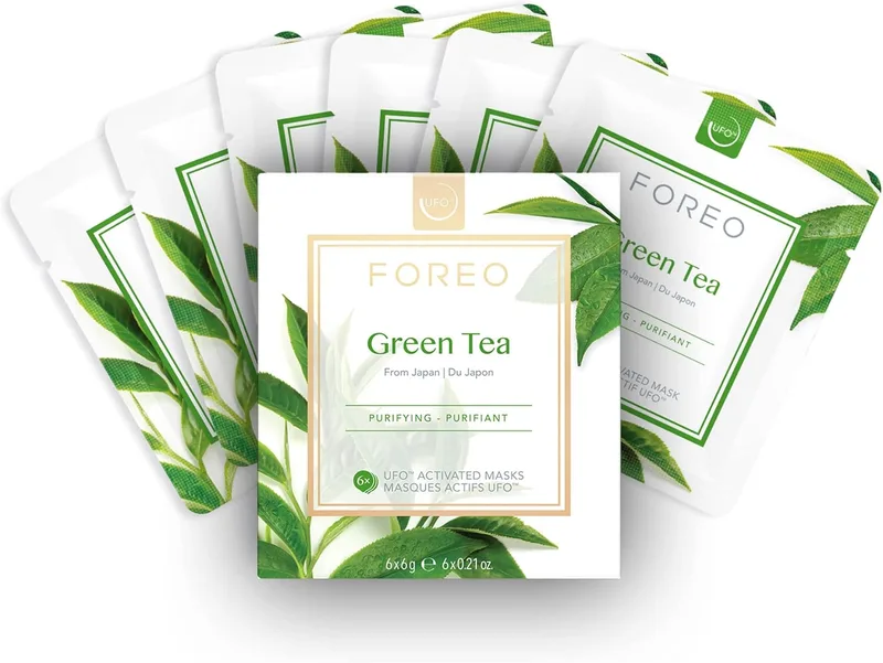 FOREO ▫️ UFO Green Tea, máscara facial ativa para pele oleosa com imperfeições, embalagem de 6, purificante e antioxidante, com chá verde e extrato de ulmus, sem testes em animais, compatível com o UFO 2 e o UFO | Máscara facial, Máscara de tecido, Hidratante, Antioxidante, Pele seca, Pele madura, M