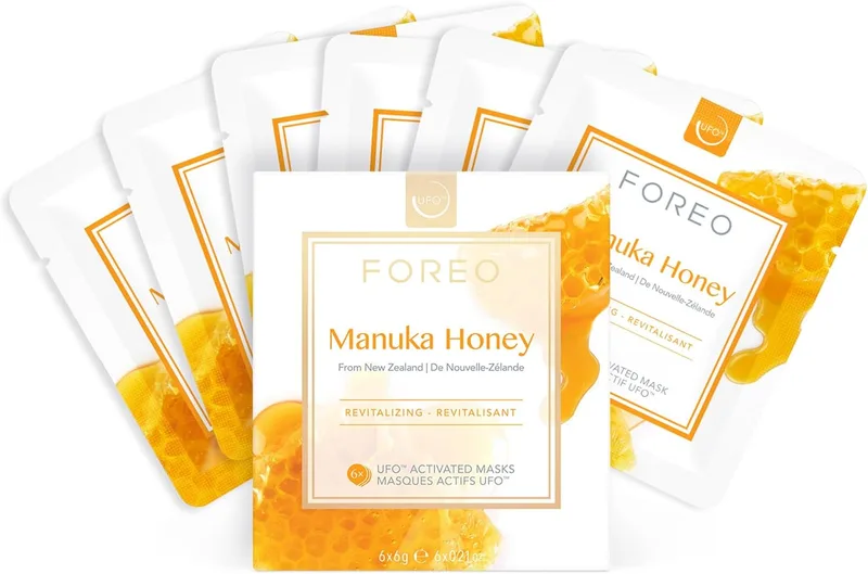 FOREO ▫️ UFO Manuka Honey, máscara facial ativa para pele cansada e sem brilho, embalagem de 6, antienvelhecimento, calmante, com mel de manuka e alantoína, sem testes em animais, compatível com todos os dispositivos UFO