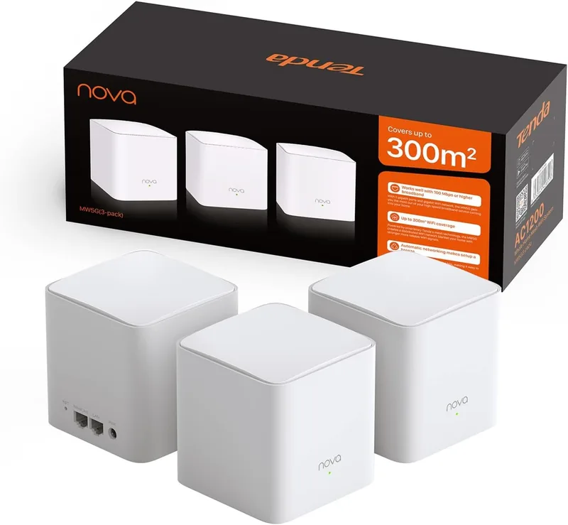 Tenda ▫️ Nova MW5G Best WiFi Mesh System, Router Gigabit (cobertura de banda dupla AC1200 até 300m², 2 * 1000Mbps Ports, até 80 dispositivos, compatível com Alexa, controlo parental, branco, 3 hubs)