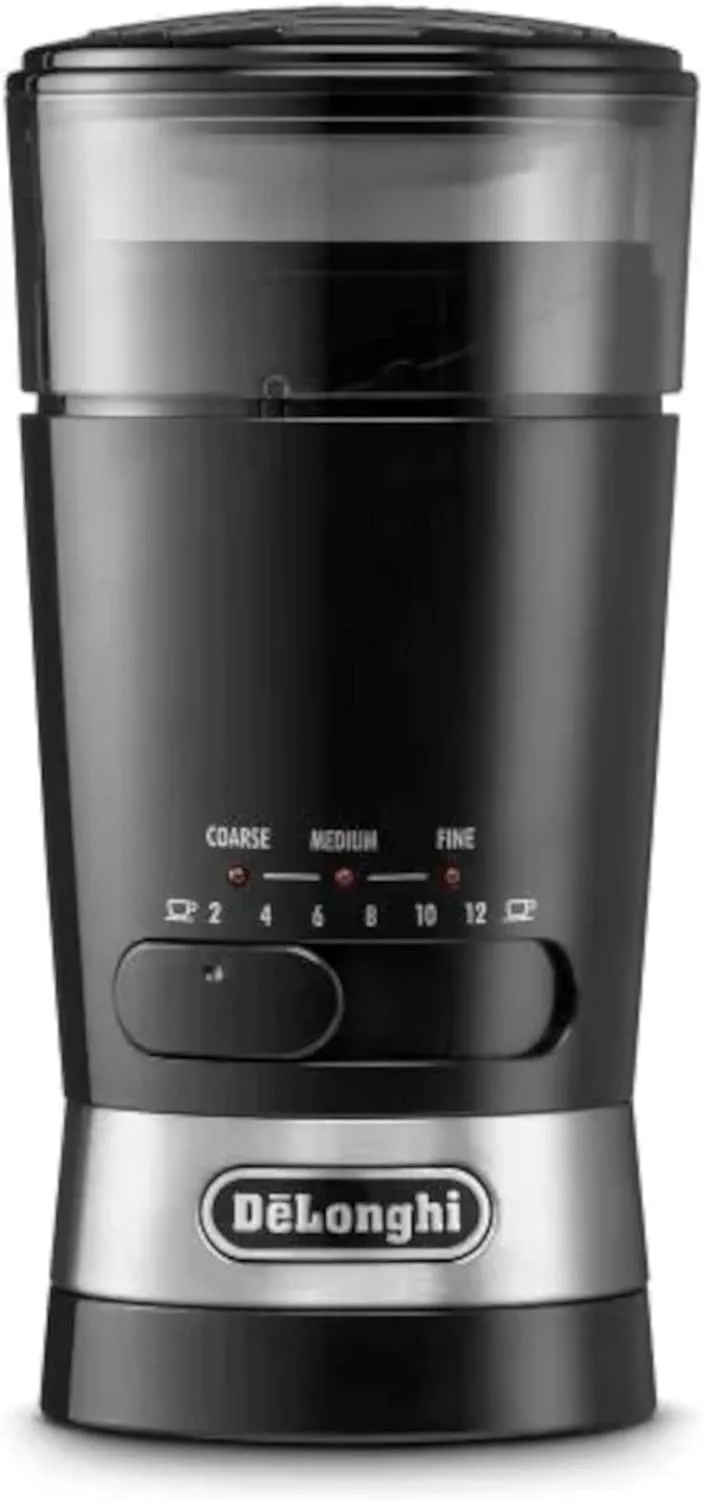 Moinho de café De'Longhi KG210, capacidade para 90 grãos, lâminas em aço inoxidável, capacidade para chávenas ajustável, nível de moagem ajustável, utilização única, 170 W, cor preta