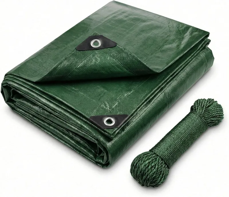 CoverUp! ▫️ Lona impermeável verde de 2×2 m 120 g/m² com corda de alumínio de 10 m e ilhós - Resistente aos raios UV e aos rasgões - Cobertura exterior multiusos