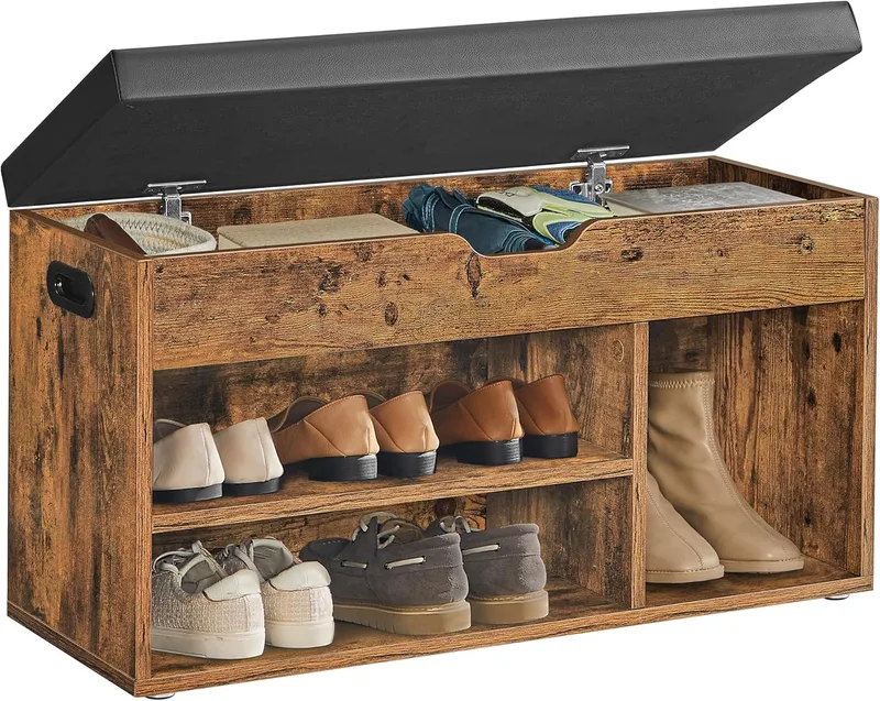 VASAGLE ▫️ Banco para sapatos com almofada, banco para arrumação, 3 compartimentos, arrumação oculta, prateleiras, sala de estar, corredor, quarto, carga 136 kg, castanho rústico LHS30BX