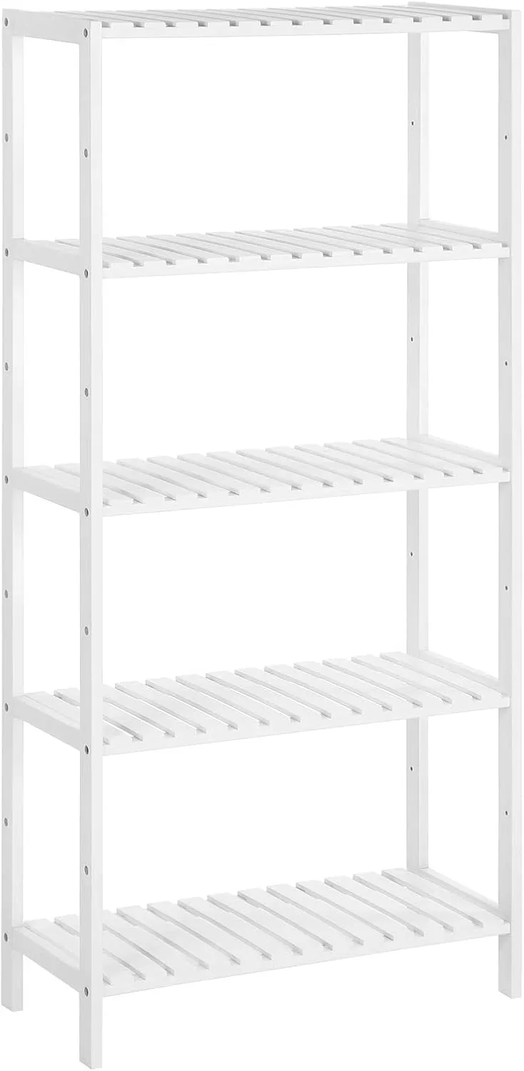 SONGMICS ▫️ Prateleira de madeira para casa de banho, Prateleira de arrumação, Prateleira para plantas de 5 níveis, 9 níveis de altura ajustável, para casa de banho, sala de estar, varanda, cozinha, 26 x 60 x 130 cm, branco BCB35WT