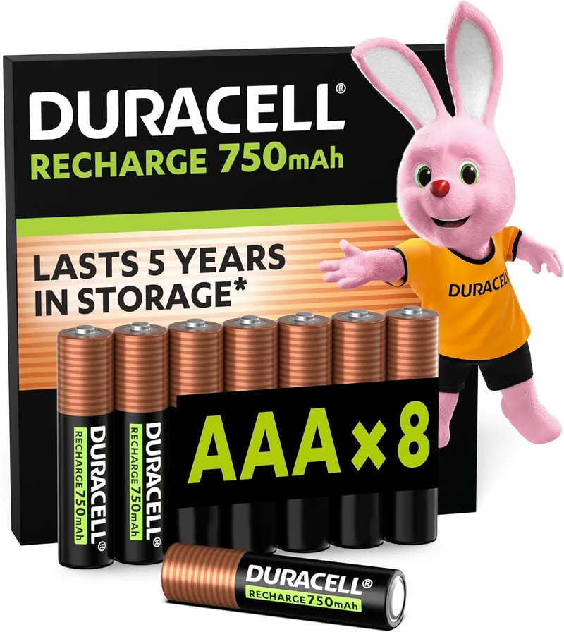 Duracell ▫️ Pilhas recarregáveis AAA (embalagem de 8), 750 mAh NiMH, 1000 ciclos de recarga, pré-carregadas, longa duração, com 0% de plástico, embalagem 100% reciclável