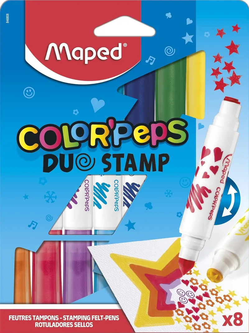 Maped ▫️ Marcadores para colorir para crianças - Color's Peps Duo Stamp - 8 marcadores de ponta de feltro com carimbo - Tinta ultra lavável - 8 carimbos com motivos diferentes - Ideal para completar desenhos