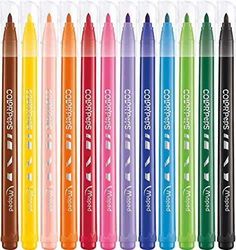 Maped ▫️ Canetas de cor para crianças, Color'Peps Jungle, conjunto de 12 canetas de ponta grossa, tinta lavável e de secagem rápida, variedade de cores brilhantes para desenhar e colorir 2