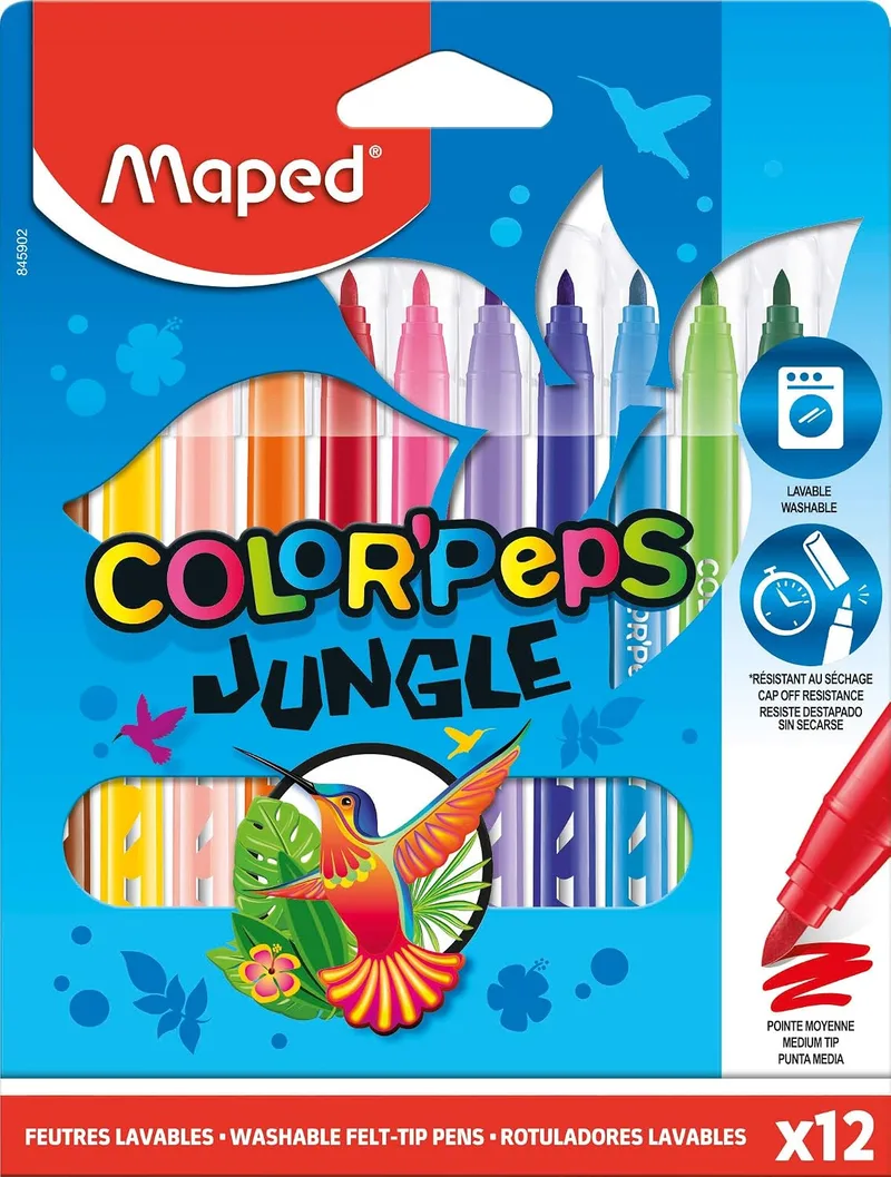 Maped ▫️ Canetas de cor para crianças, Color'Peps Jungle, conjunto de 12 canetas de ponta grossa, tinta lavável e de secagem rápida, variedade de cores brilhantes para desenhar e colorir