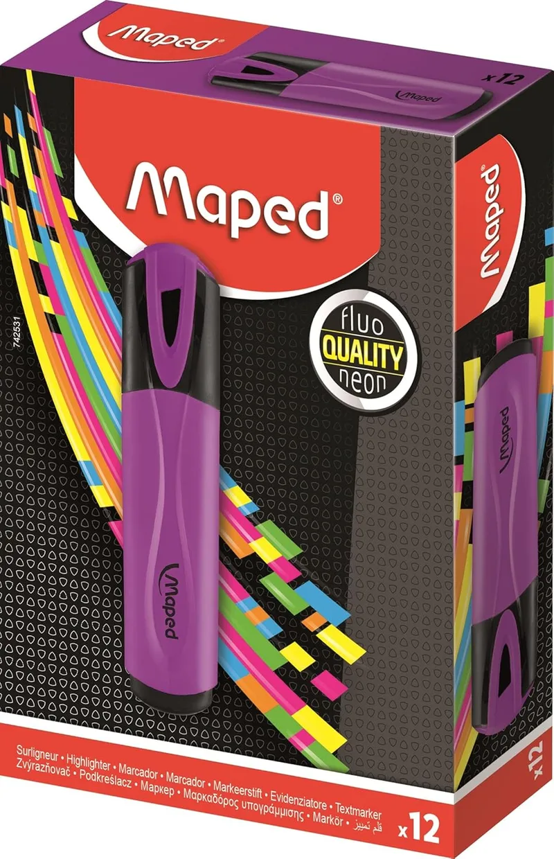 Maped ▫️ Caixa com 12 marcadores fluorescentes clássicos, cor violeta – cores brilhantes para destacar os teus textos – Ponta biselada para traços de 1 a 5 mm