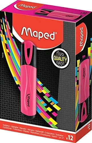 Maped ▫️ Caixa com 12 marcadores fluorescentes clássicos, cor-de-rosa, cores brilhantes para destacar os teus textos – Ponta biselada para traços de 1 a 5 mm
