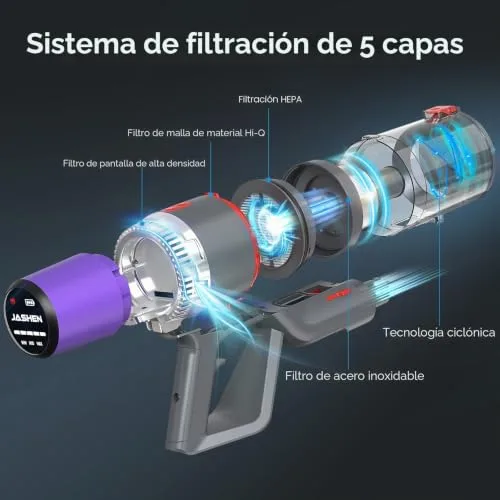 JASHEN ▫️ V16 Cable, Aspirador de Mão 4 em 1, Potência de 22 000 Pa, Saco, até 40 min de aspiração, Bateria Removível, 350 W, 0,6 litros, 70 decibéis, 3 velocidades, roxo 3