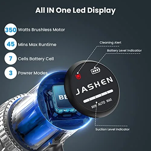 JASHEN ▫️ V16 Cable, Aspirador de Mão 4 em 1, Potência de 22 000 Pa, Saco, até 40 min de aspiração, Bateria Removível, 350 W, 0,6 litros, 70 decibéis, 3 velocidades, roxo 4